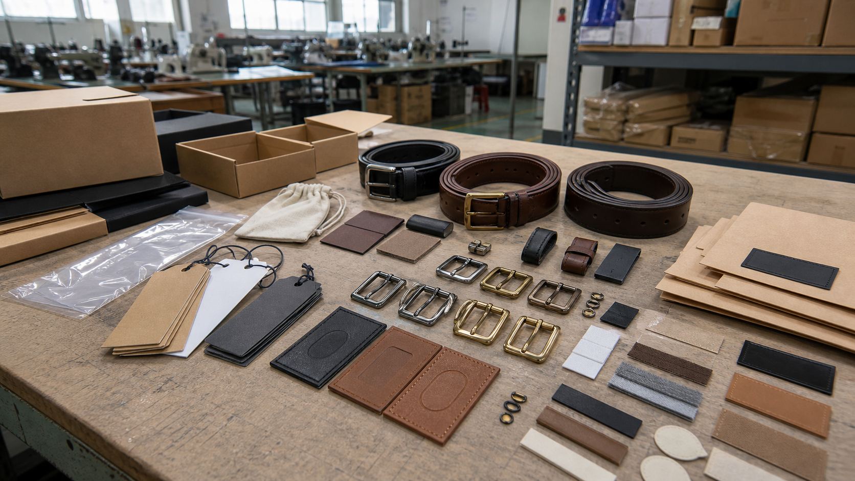 Factory sample table with blank hangtags, labels, buckles, pouches, cartons, and embossing samples