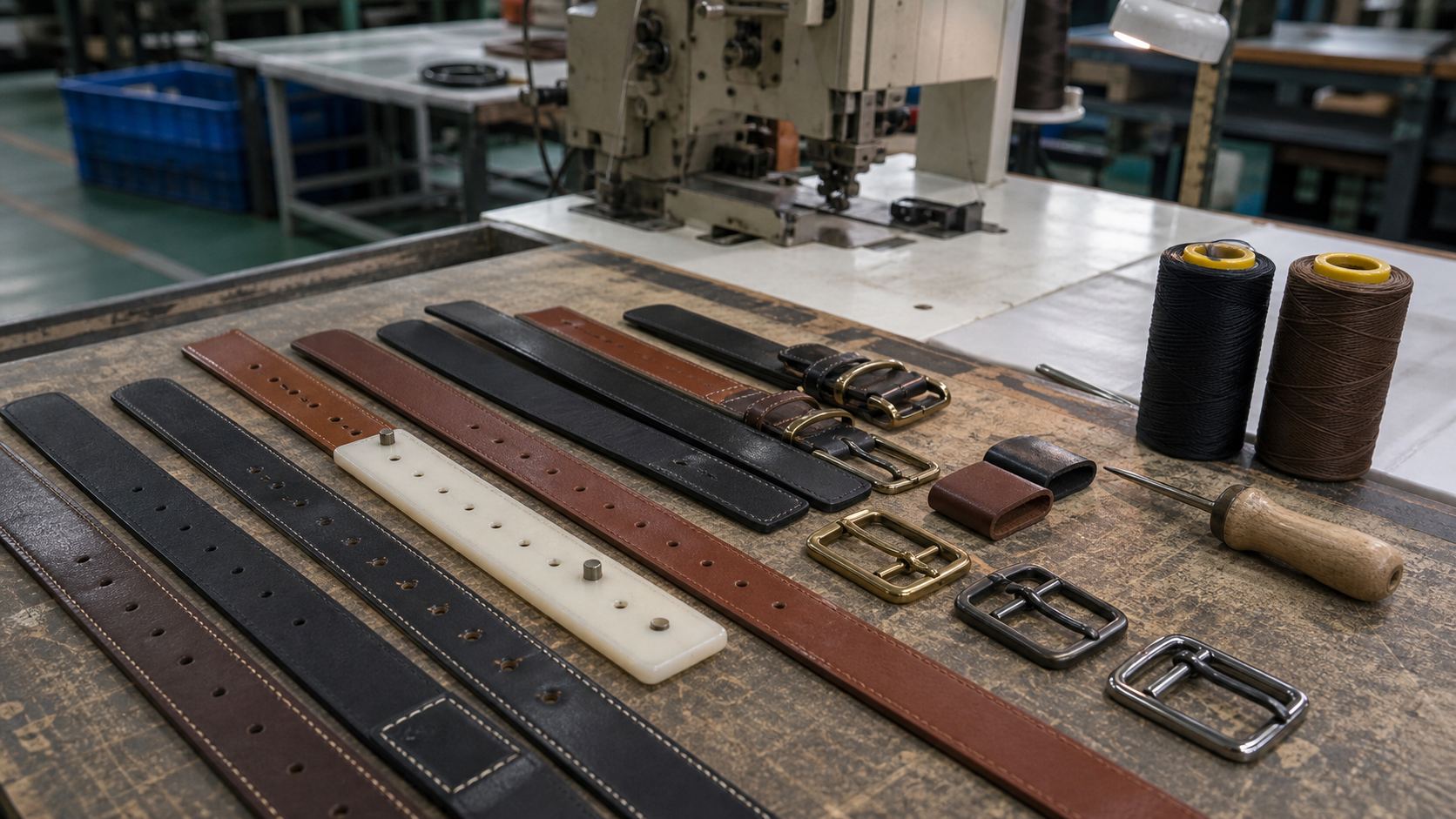 Factory construction workbench with belt straps, hole spacing template, stitching, edge samples, and buckles