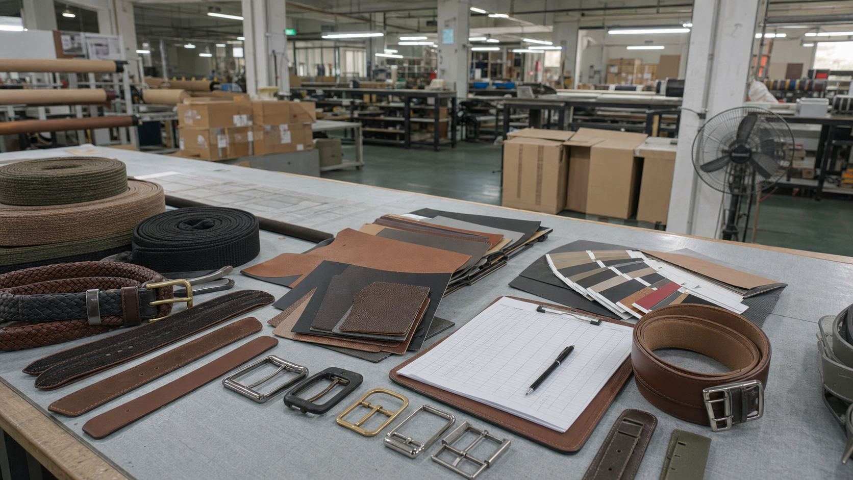 Factory workbench with leather, canvas, elastic materials, color cards, belts, and buckles