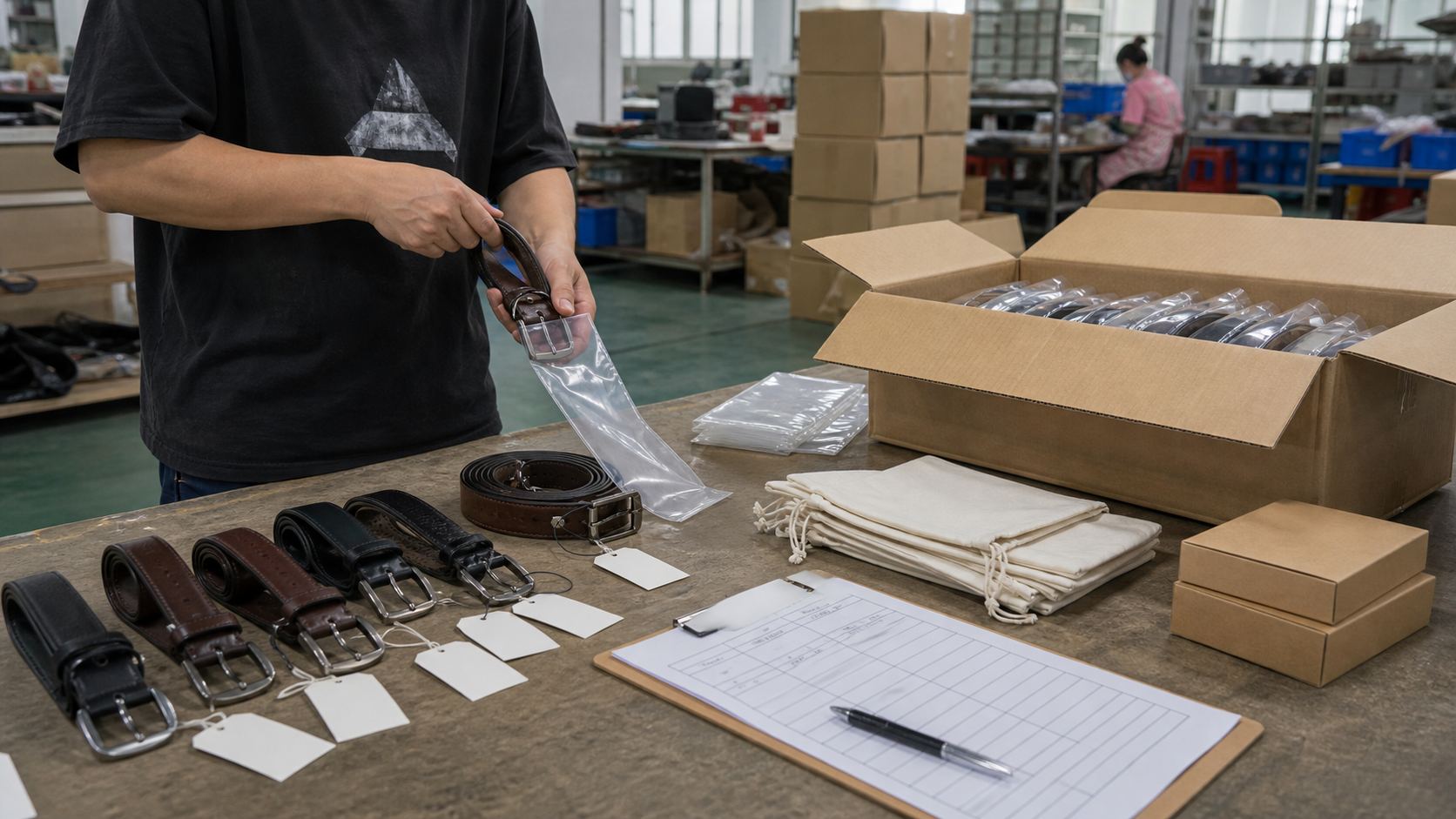 Factory packing table with finished belts, hangtags, poly bags, pouches, cartons, and packing checklist