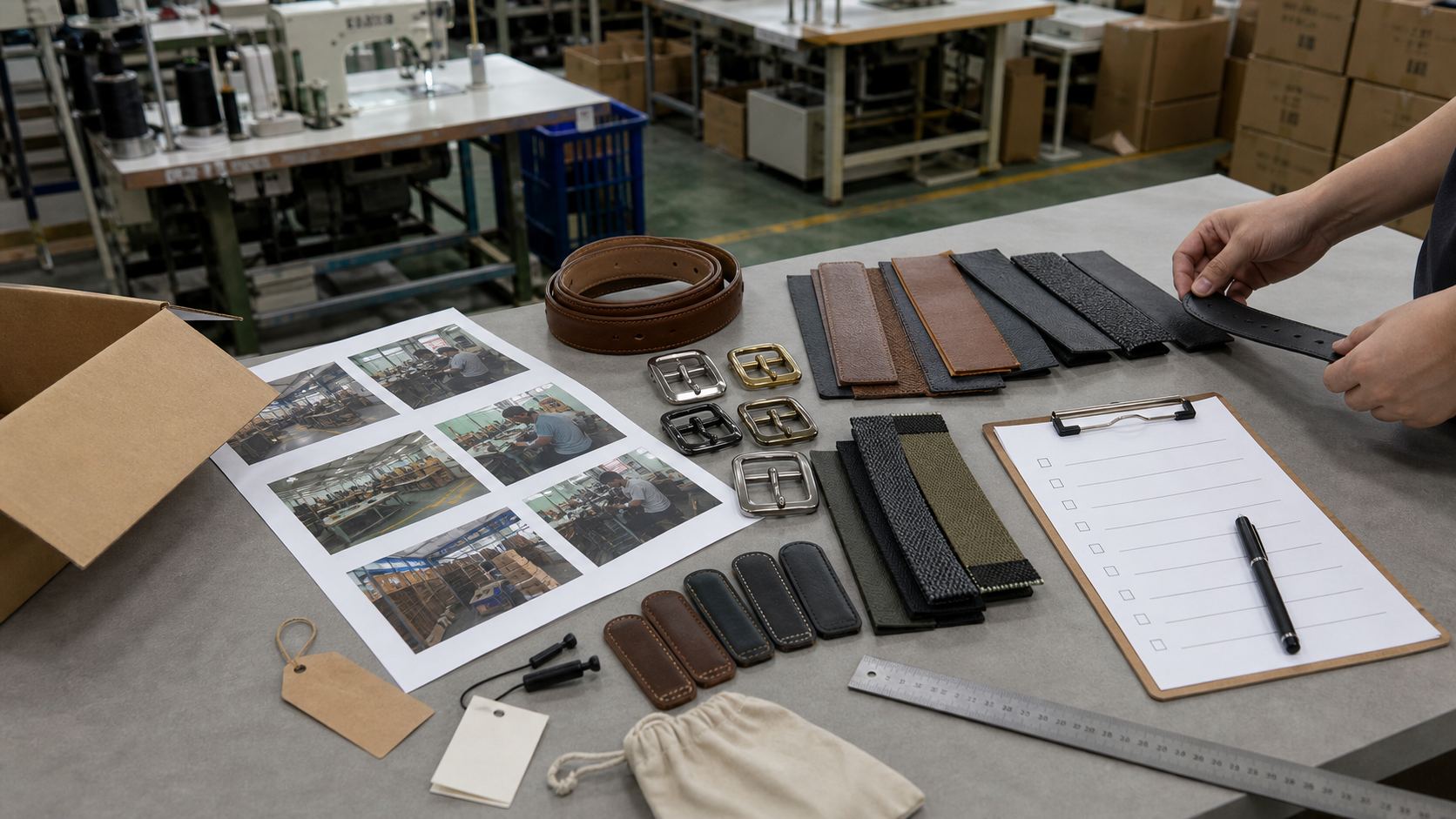 Factory review table with belt samples, swatches, buckles, packaging, reference sheets, and checklist
