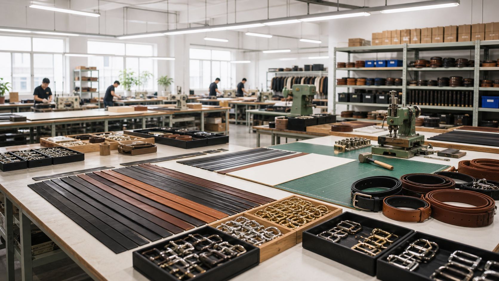 Belt sample development room with straps and buckle components