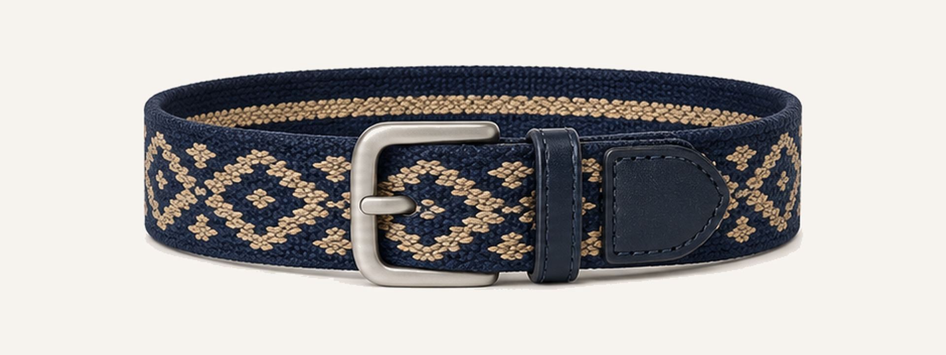 Geometric jacquard web belt - Navy / Tan