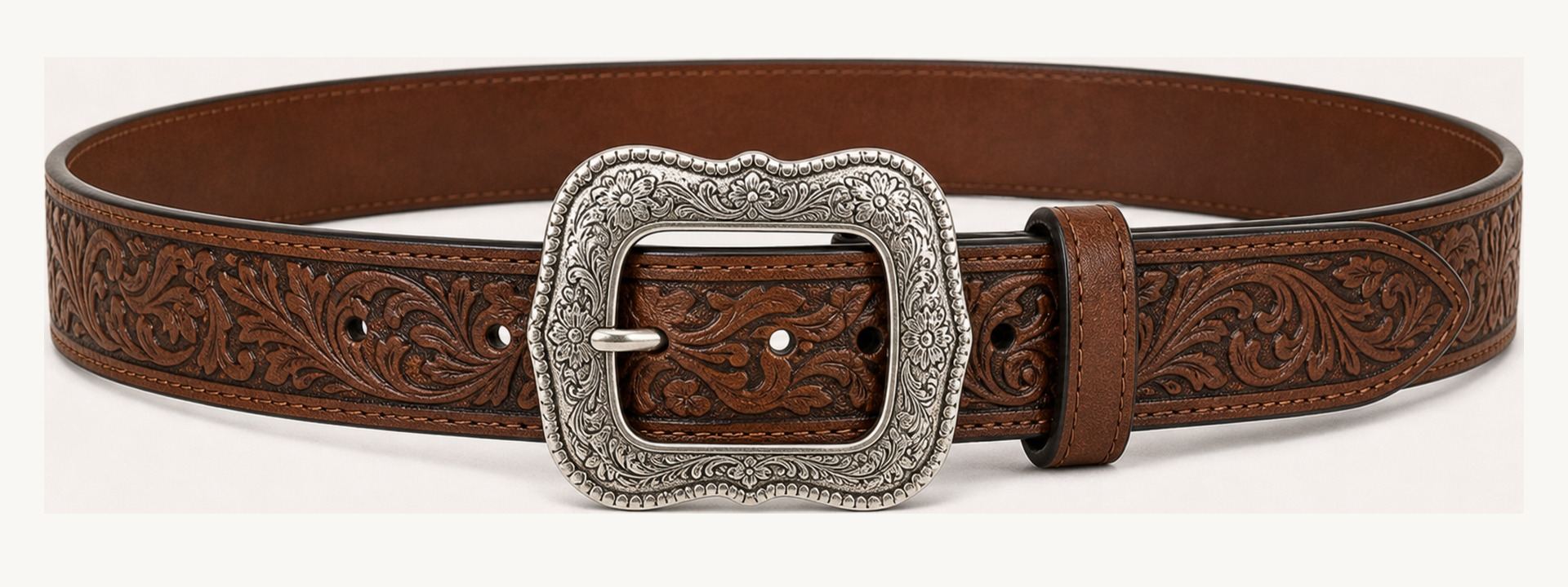 Western tooled plate belt - Brown