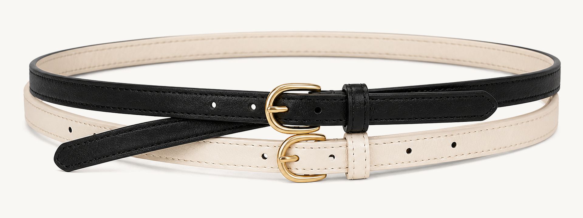 Layered double skinny belt set - Black / Ivory